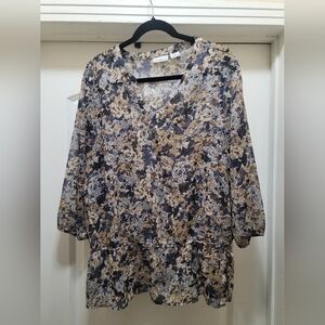 Liz Claiborne Navy and Beige Floral Blouse